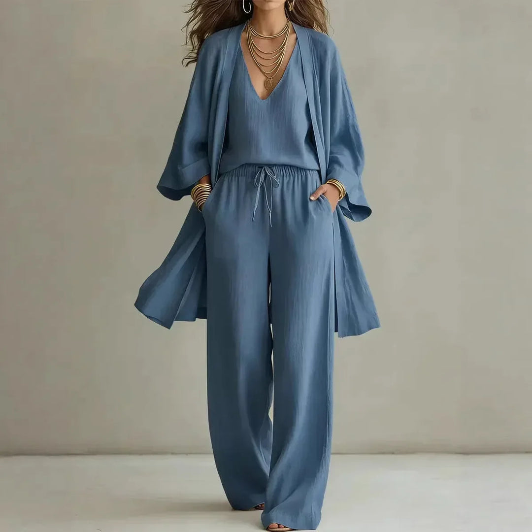 Outfit cómodo de mujer: conjunto casual con cárdigan de manga larga y pantalón ancho. Ideal para un look relajado y chic.
