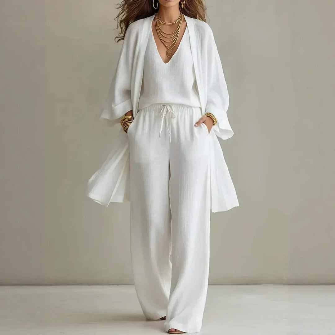 Conjunto casual de mujer con cárdigan y pantalón ancho de manga larga, ideal para primavera/verano, estilo cómodo y relajado.