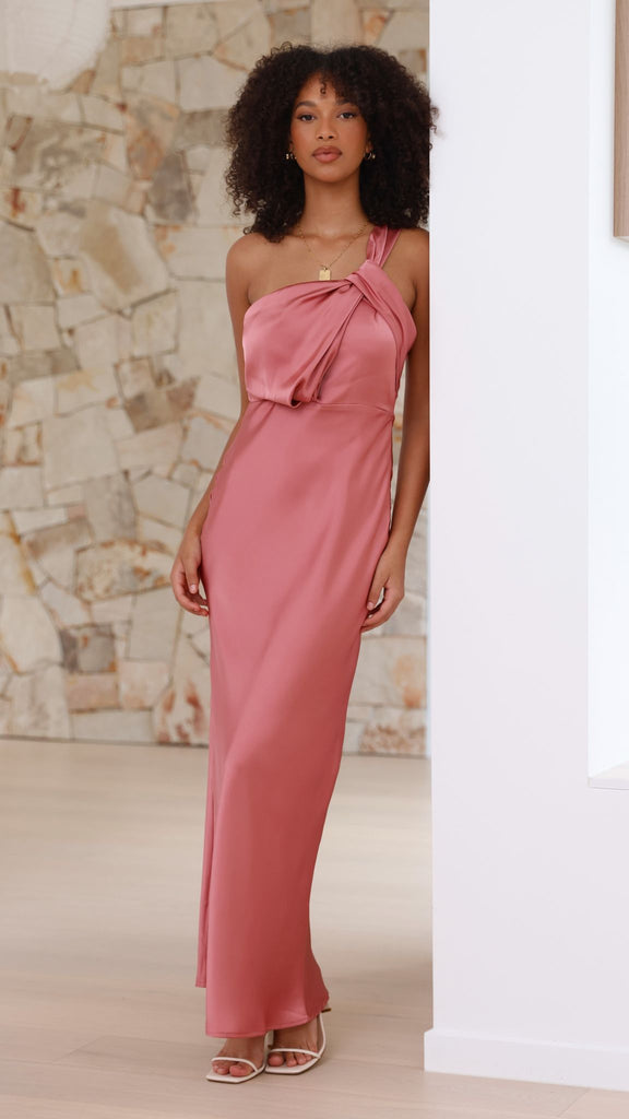 Vestido de gala asimétrico para mujer con sofisticado lazo, ideal para bodas y graduaciones.