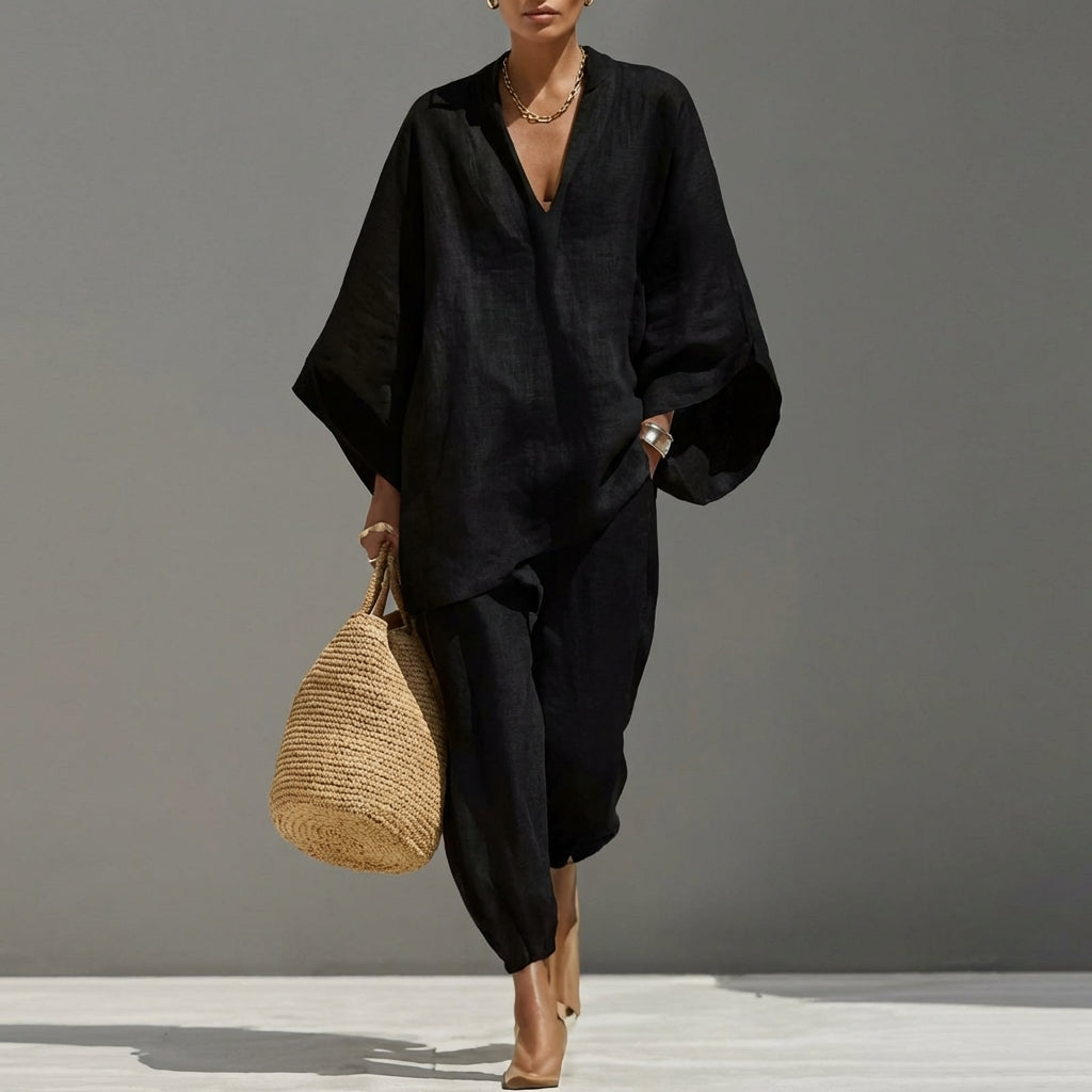 Atuendo casual de verano para mujer, conjunto cómodo de blusa cuello V y pantalón ancho.