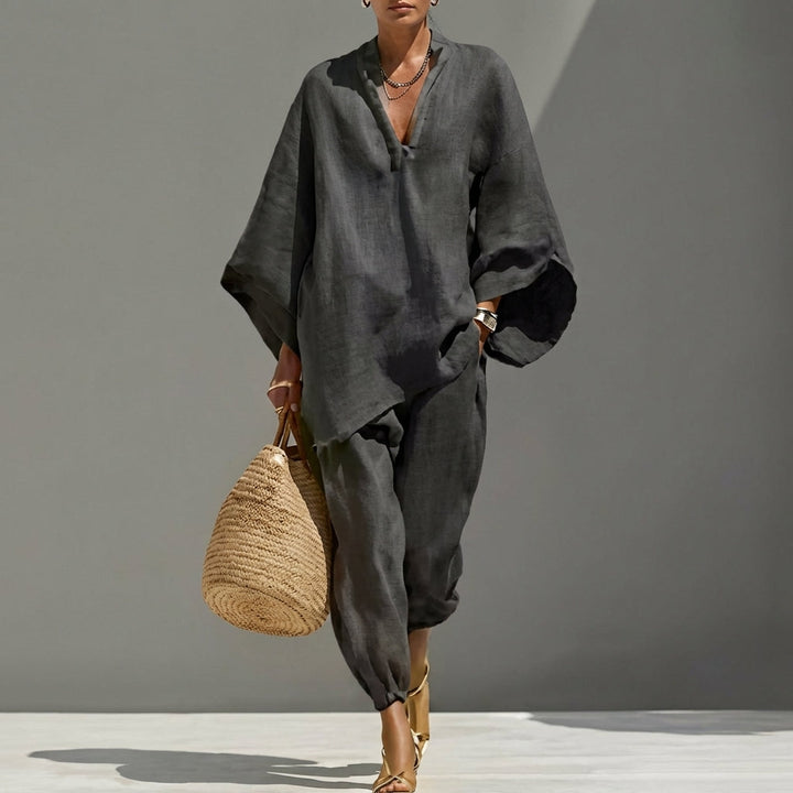 Atuendo elegante y casual de mujer, conjunto de dos piezas con cuello V, perfecto para estilo veraniego.