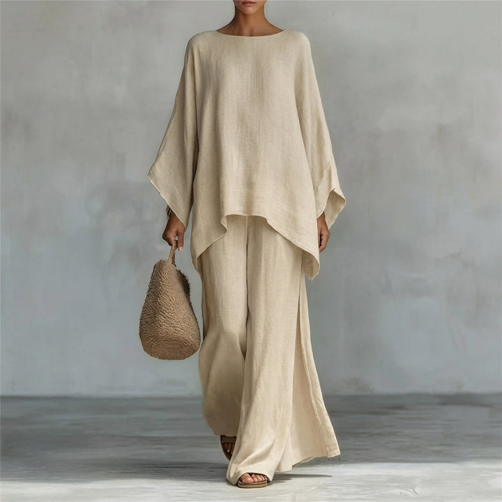 Outfit fluido de moda femenina: conjunto de dos piezas con pantalón ancho y top de manga larga para mujer. Comodidad chic.
