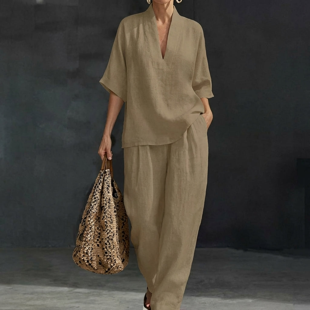 Conjunto casual y cómodo de dos piezas para mujer. Pantalón ancho de moda y blusa ligera, ideal para verano.