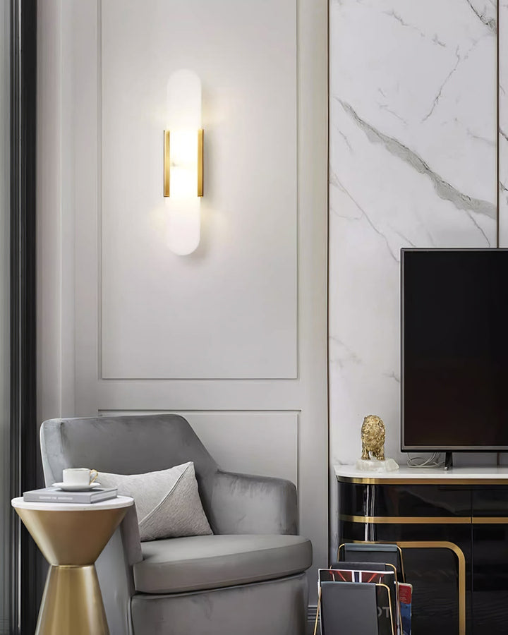 Aplique LED de pared efecto mármol, moderno, luz cálida para tu salón.