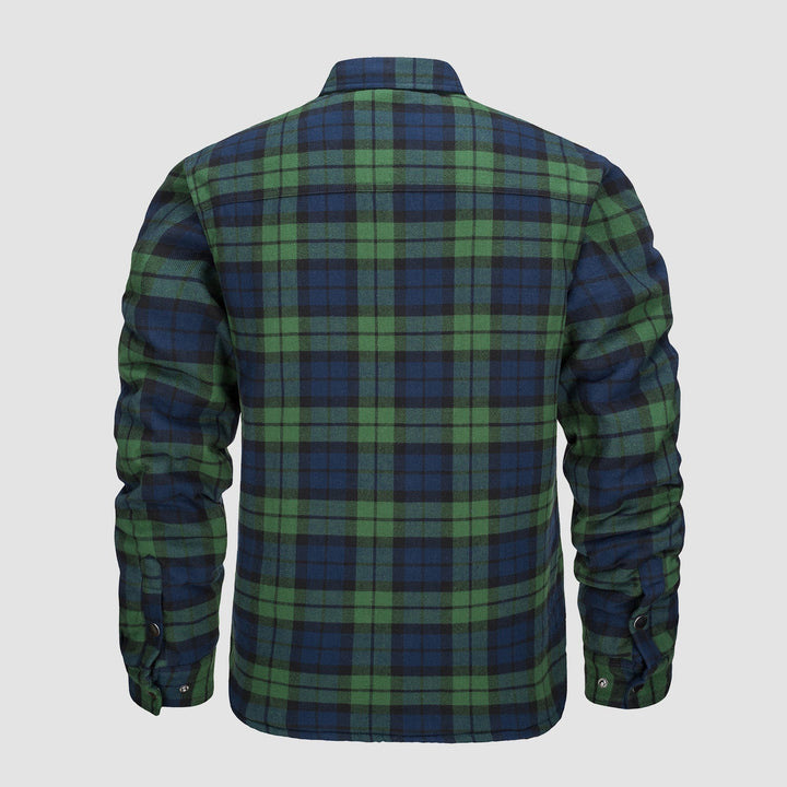 Chaqueta de hombre a cuadros, estilo atemporal, con bolsillos funcionales y cálidos.