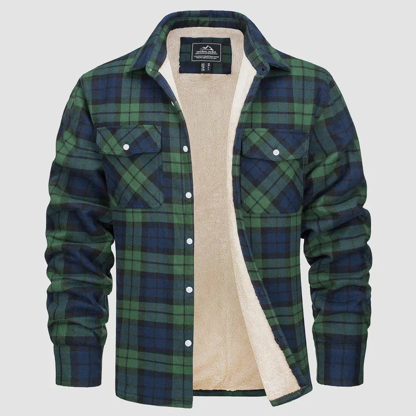 Detalle del tejido de la chaqueta de cuadros para hombre, mostrando forro cálido. Abrigo de invierno resistente.
