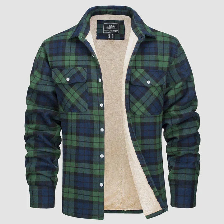 Detalle del tejido de la chaqueta de cuadros para hombre, mostrando forro cálido. Abrigo de invierno resistente.