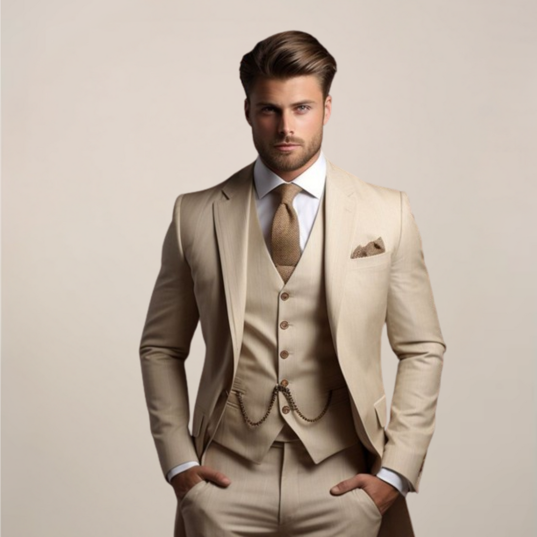 Elegante traje de boda hombre tres piezas transpirable para primavera, ideal para ceremonias y eventos formales.