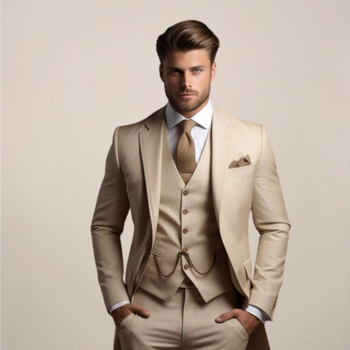 Elegante traje de boda hombre tres piezas transpirable para primavera, ideal para ceremonias y eventos formales.