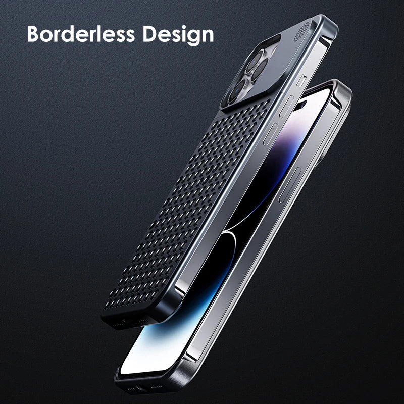 Funda iPhone de titanio y aluminio para disipación de calor, diseño sin bordes, protección fina.