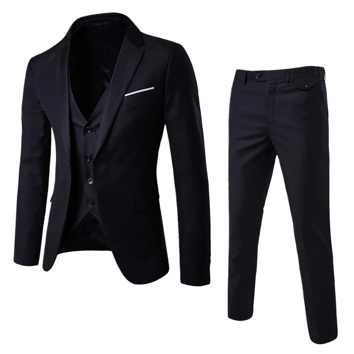 Traje clásico slim fit para hombre en azul marino, ideal para eventos formales y negocios. Estilo moderno y elegante.
