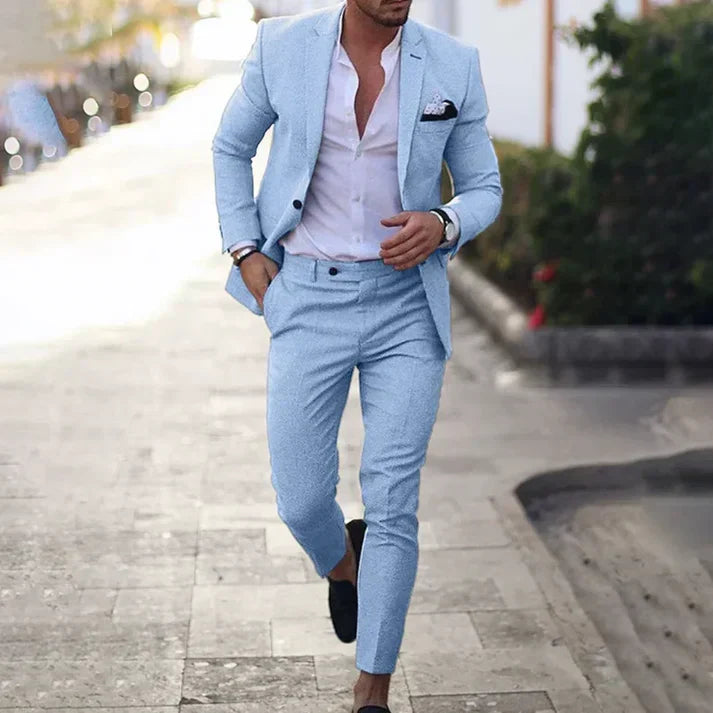 Blazer moderno de hombre, parte de un traje versátil. Estilo casual elegante para eventos y moda masculina.