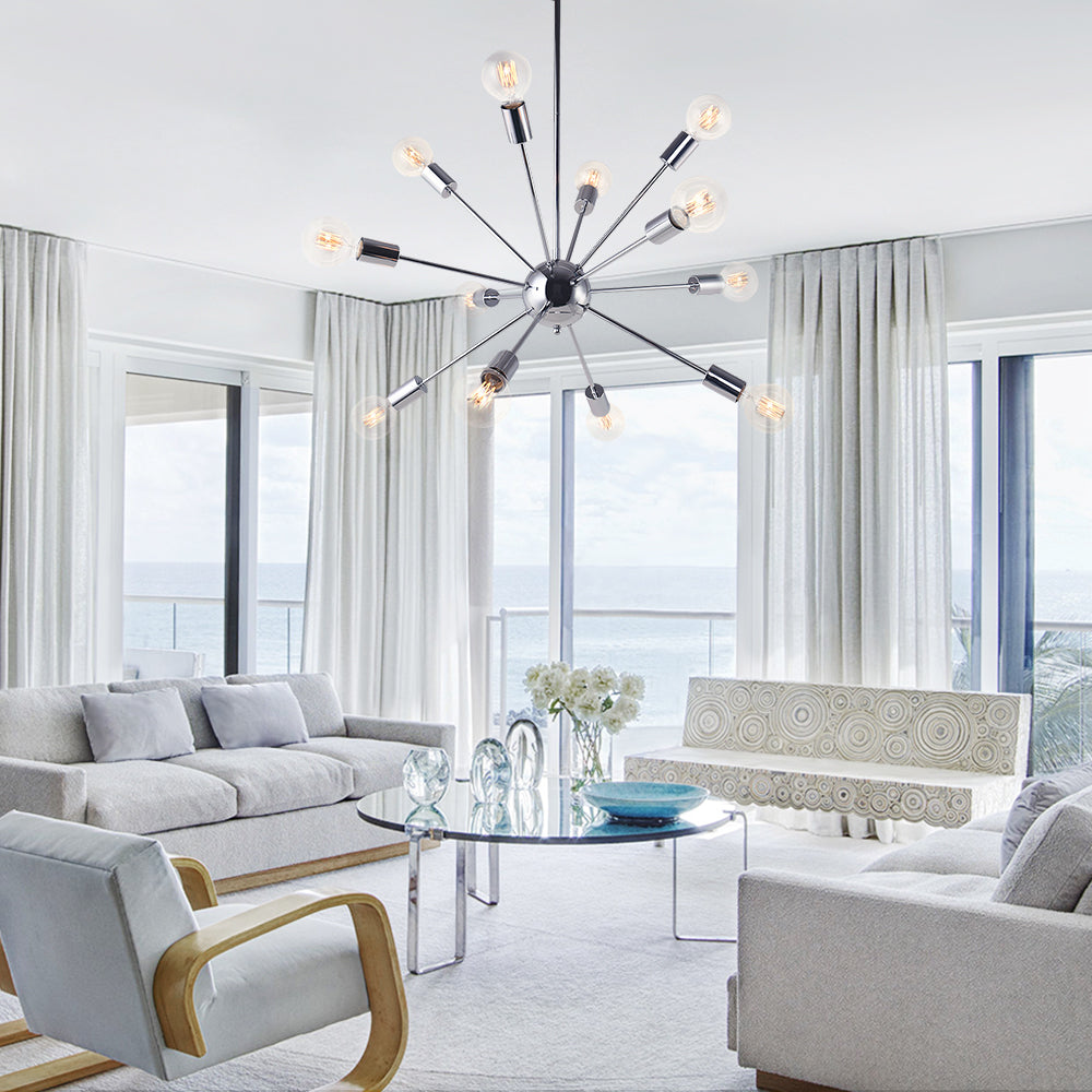 Candelabro diseño mediados siglo, estilo Sputnik con 12 brazos, iluminación decorativa de salón.