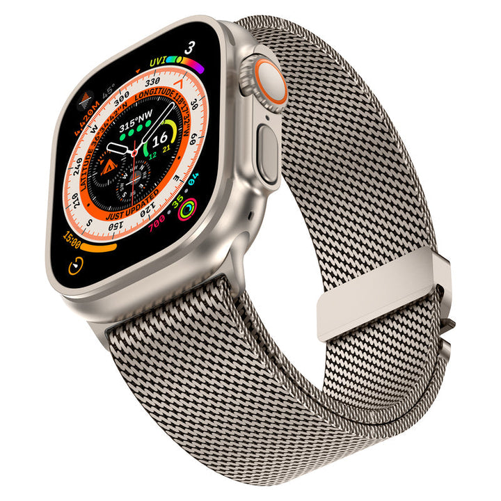 Vista completa de la correa Milanese de acero inoxidable, accesorio unisex para smartwatch, elegante.
