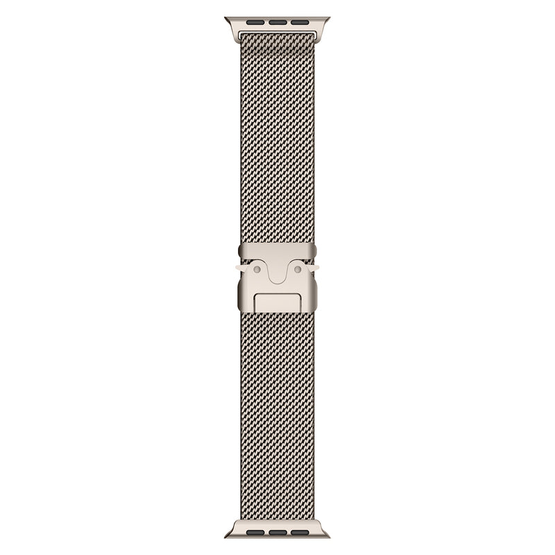 Primer plano de correa Milanese de acero inoxidable, textura fina y acabado pulido para smartwatch.