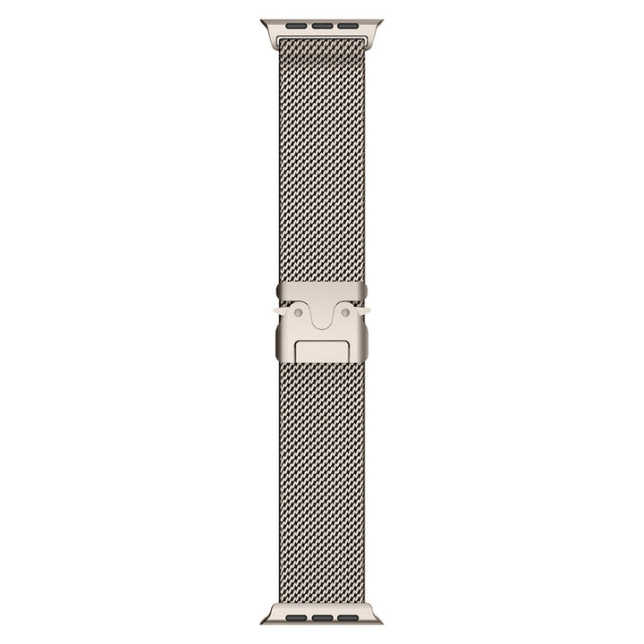 Primer plano de correa Milanese de acero inoxidable, textura fina y acabado pulido para smartwatch.