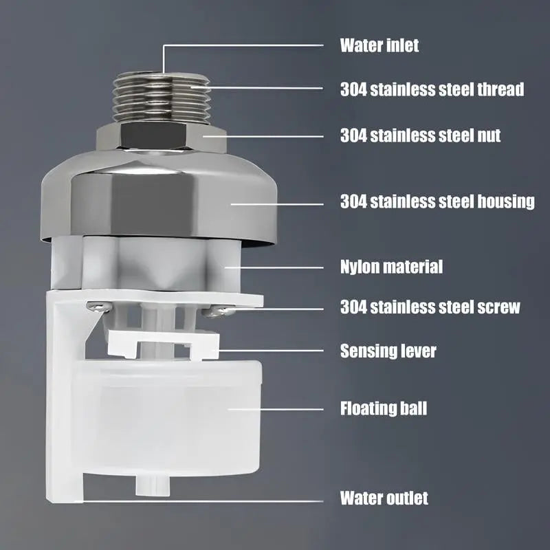 Control de agua automático con válvula de flotación de acero inoxidable para riego o tanques.
