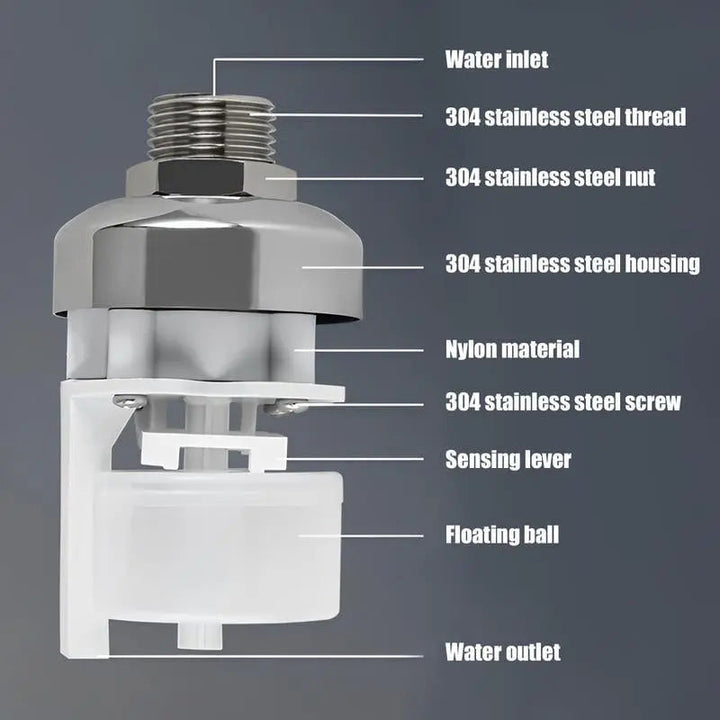 Control de agua automático con válvula de flotación de acero inoxidable para riego o tanques.