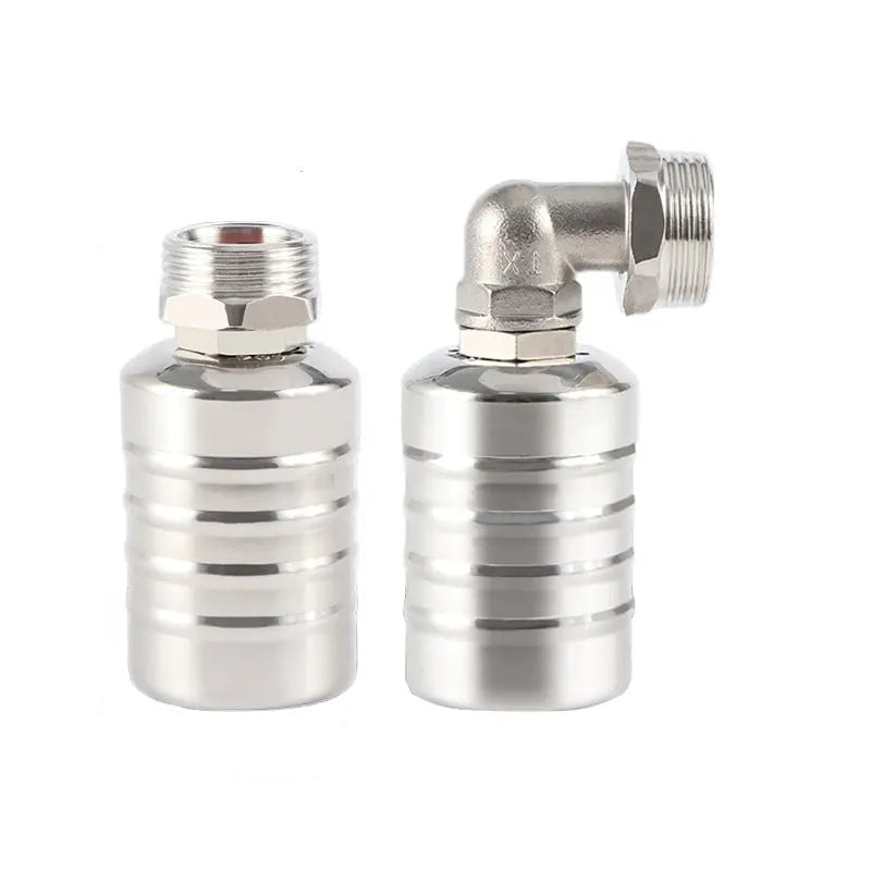 Válvula de flotación automática de acero inoxidable para control de agua en tanques y sistemas de riego.