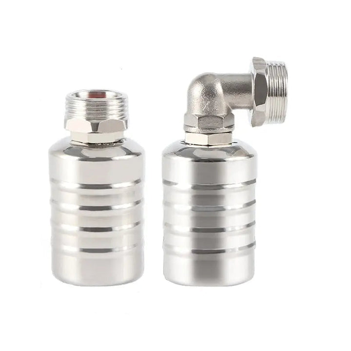 Válvula de flotación automática de acero inoxidable para control de agua en tanques y sistemas de riego.