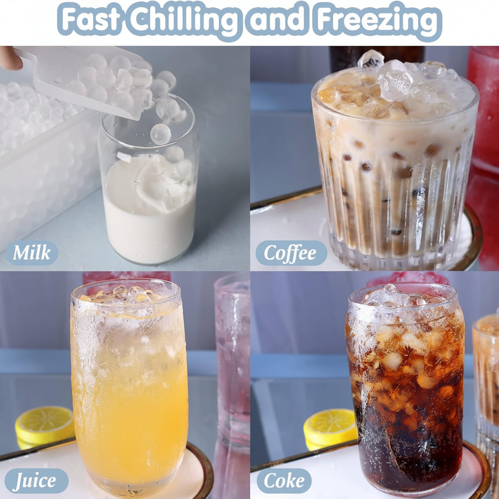Mini bolas de hielo redondas en un vaso. Hechas con el molde de silicona para botellas. Hielo pequeño y reutilizable.