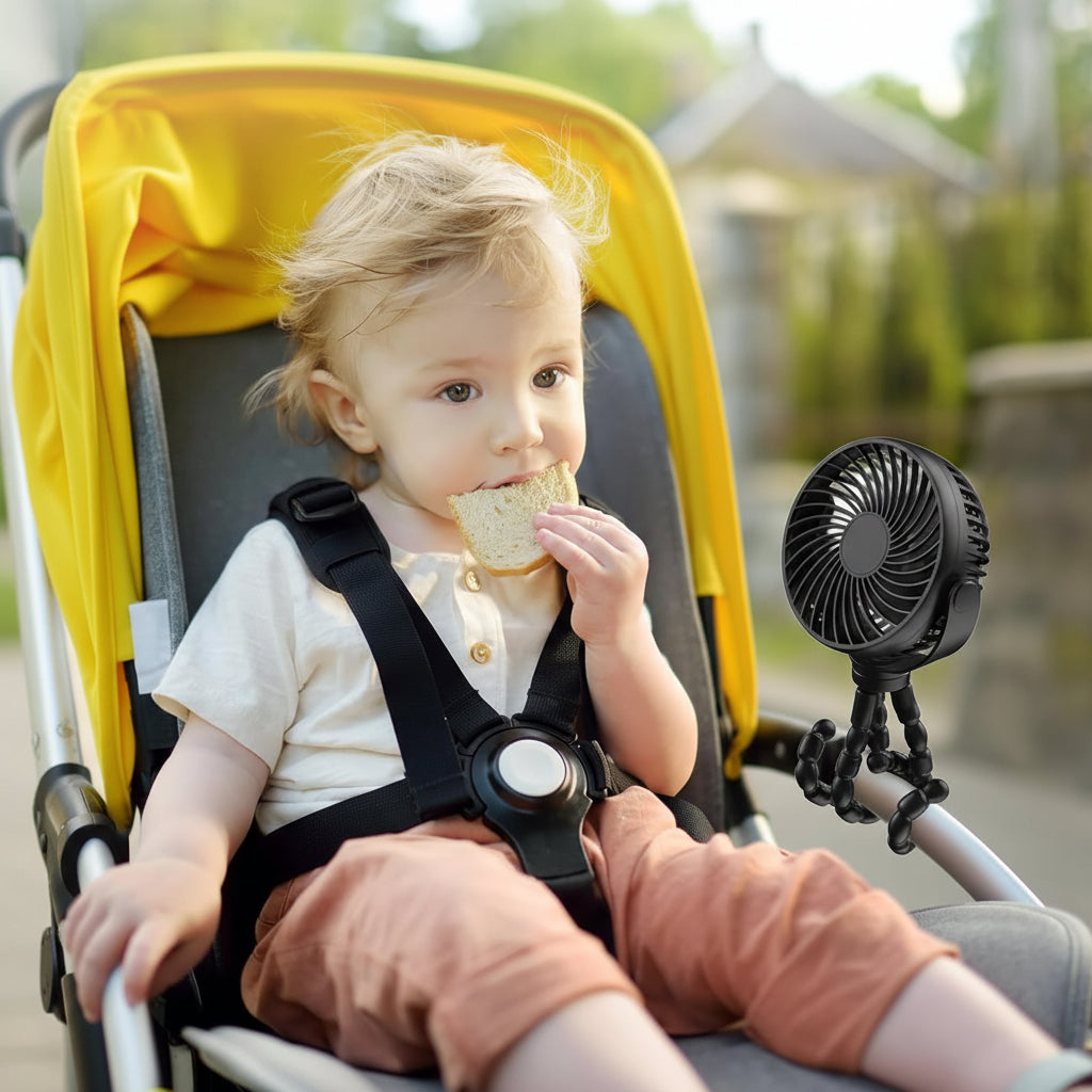 Ventilador de clip ajustable para cochecito de bebé y silla de auto, ofrece aire fresco silencioso para viajes.