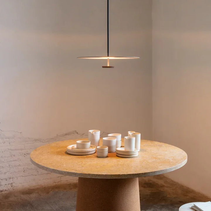Lámpara colgante LED de anillo circular minimalista. Iluminación moderna para decoración de hogar.