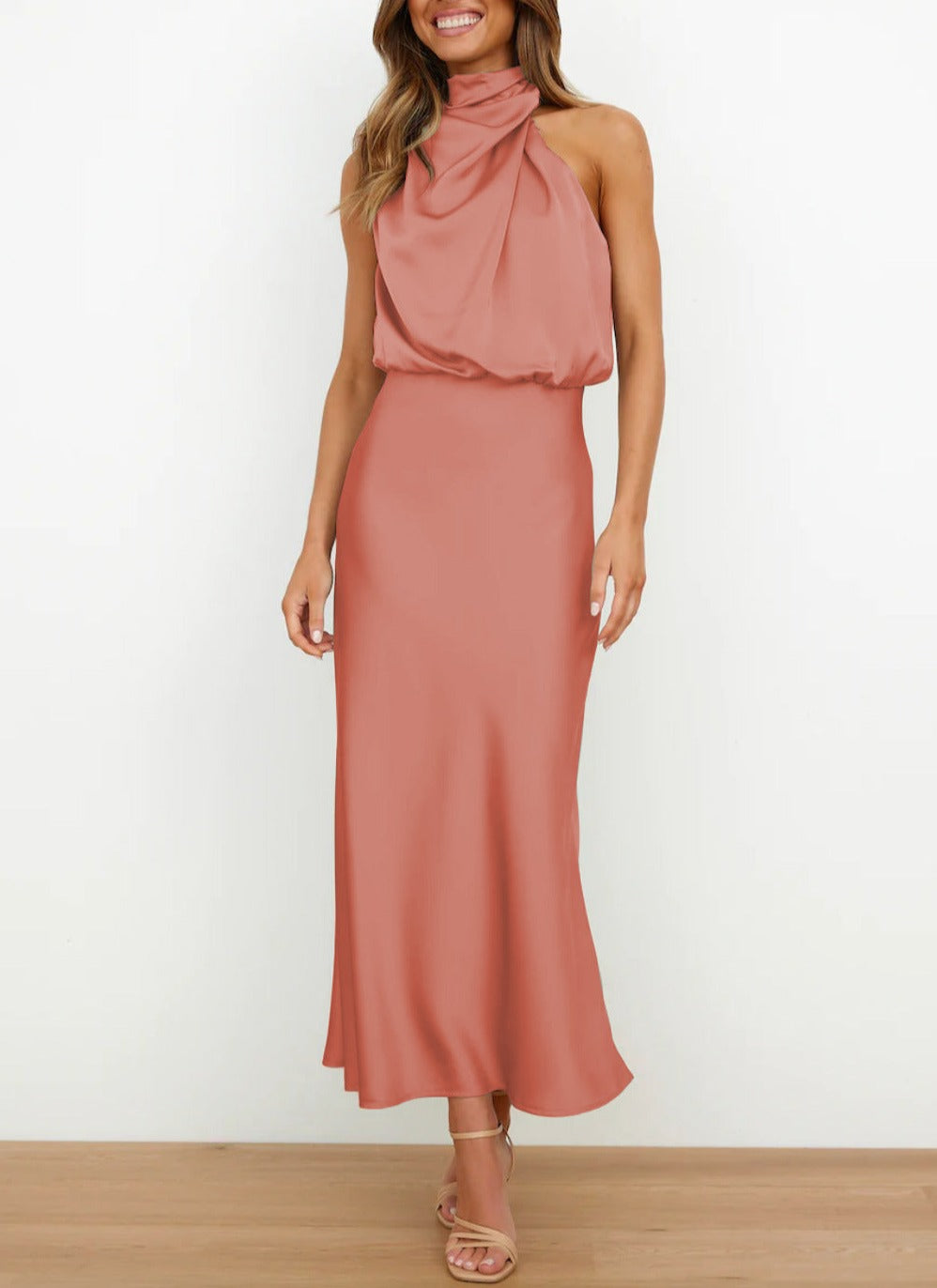 Ropa formal: Vestido midi de mujer, diseño elegante con cuello drapeado, versátil para cualquier celebración.