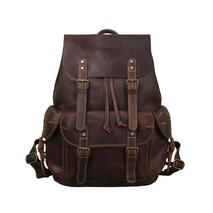 Mochila vintage para hombre en cuero marrón. Estilo duradero y gran capacidad para uso diario o viaje.