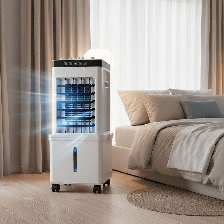 Enfriador de aire móvil silencioso 3 en 1: acondiciona, humidifica y purifica tu hogar con frescura portátil.