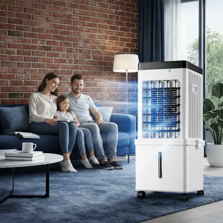 Aire acondicionado móvil compacto 3 en 1 para un hogar fresco. Enfriador silencioso, humidificador y purificador de aire.