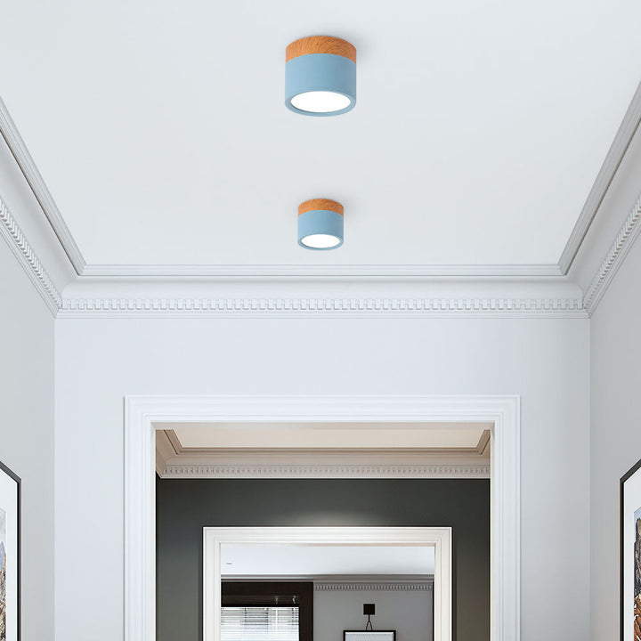 Iluminación cilíndrica LED para techo, luz ambiental y decoración minimalista.