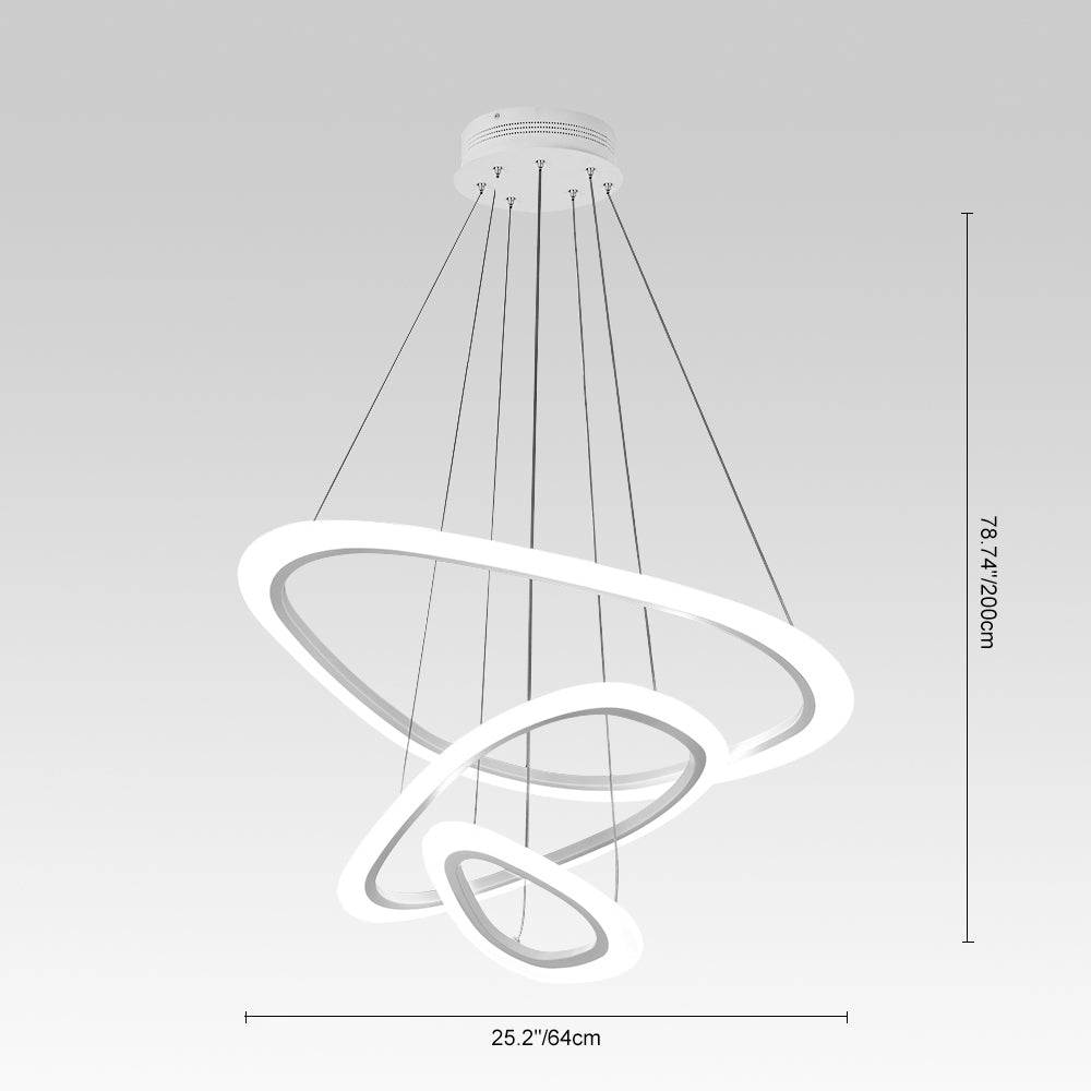 Lámpara colgante LED de 3 anillos, adaptada para techo inclinado, diseño contemporáneo y versátil.