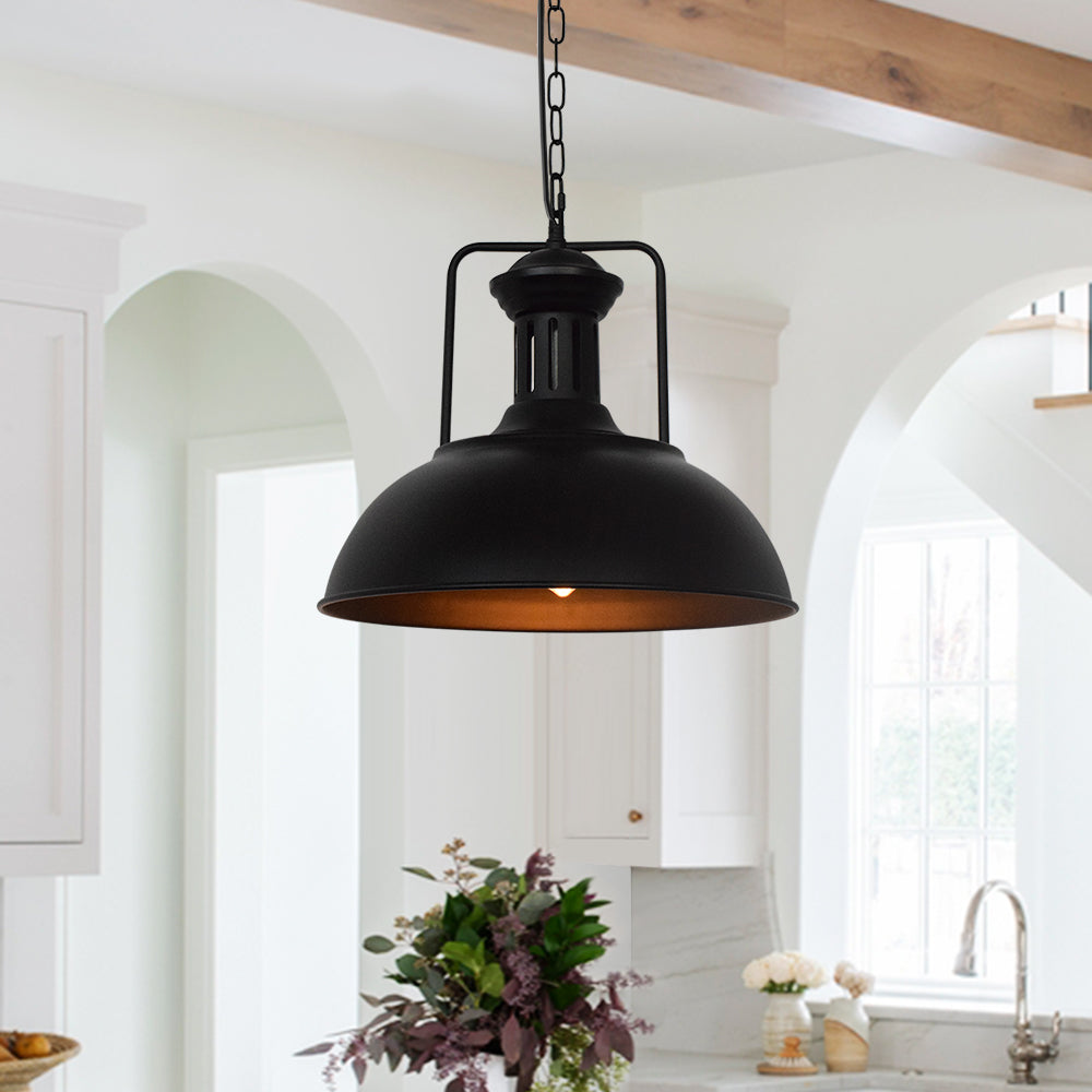 Luz colgante domo negro industrial, iluminación moderna para cocinas y entradas.