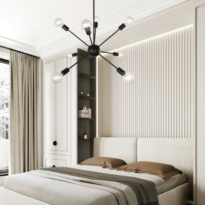 Lámpara Sputnik moderna de techo, 8 luces, estilo medio siglo, ideal para salón y decoración hogar.