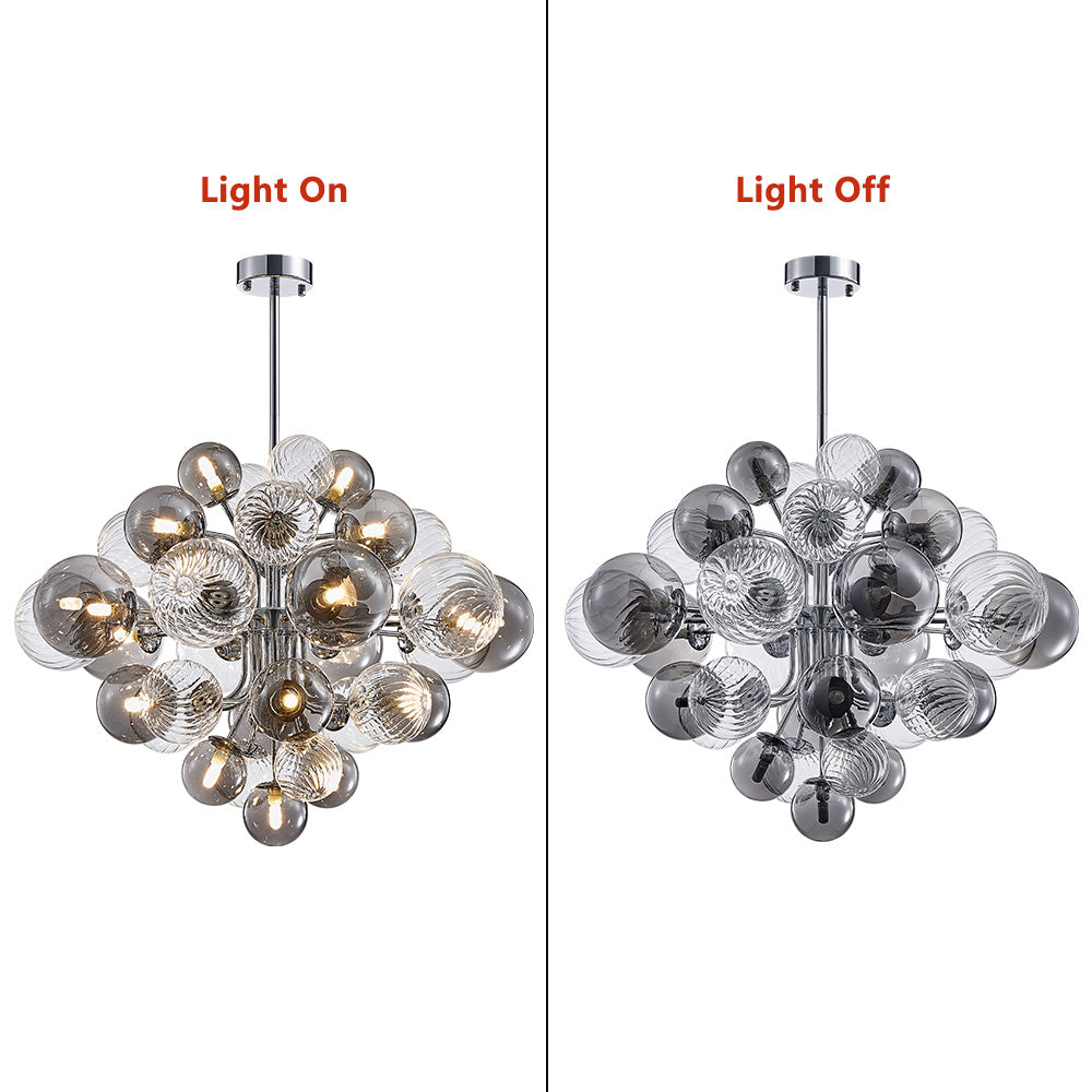 Araña con burbujas de cristal ahumado. Elemento de diseño para iluminación de techo en hogares modernos.