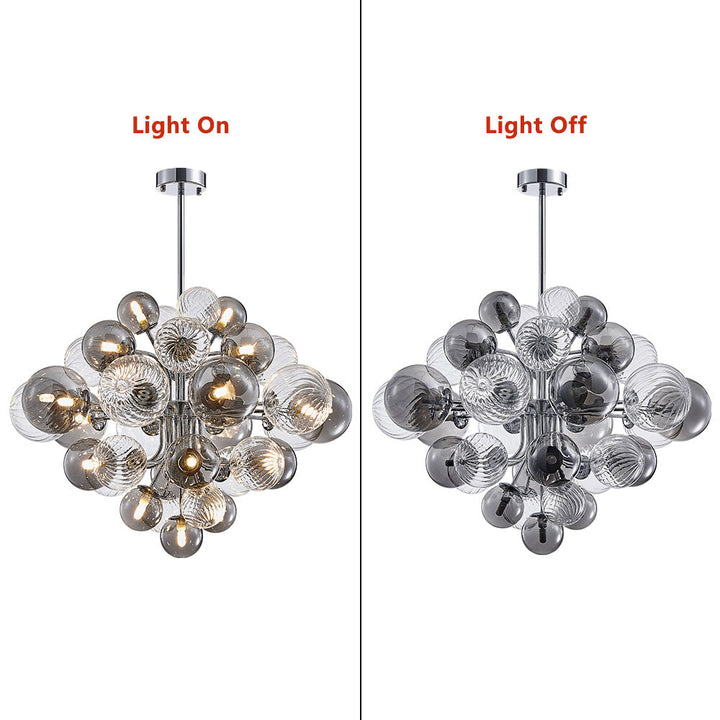 Araña con burbujas de cristal ahumado. Elemento de diseño para iluminación de techo en hogares modernos.
