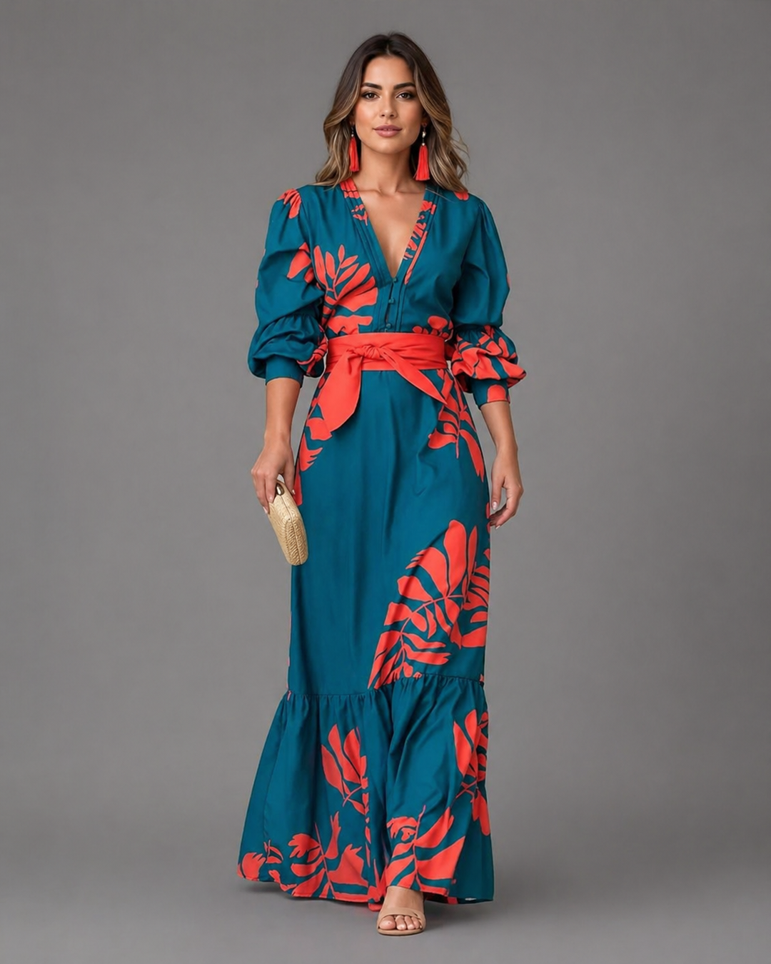 Mono de fiesta azul elegante para mujer con cuello de pico, ideal para primavera/verano.