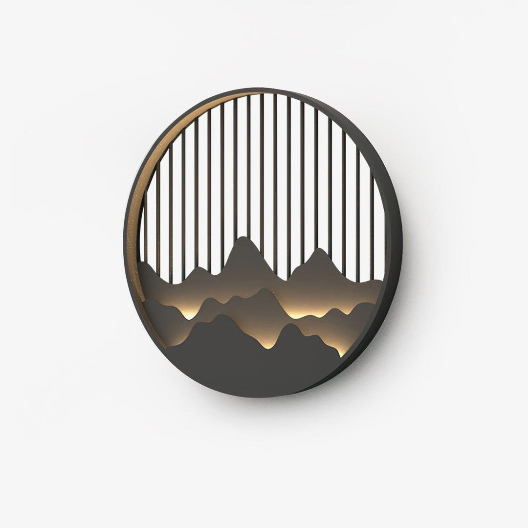 Lámpara de pared LED circular con diseño de montaña, ideal para decoración de hogar y luz ambiental.