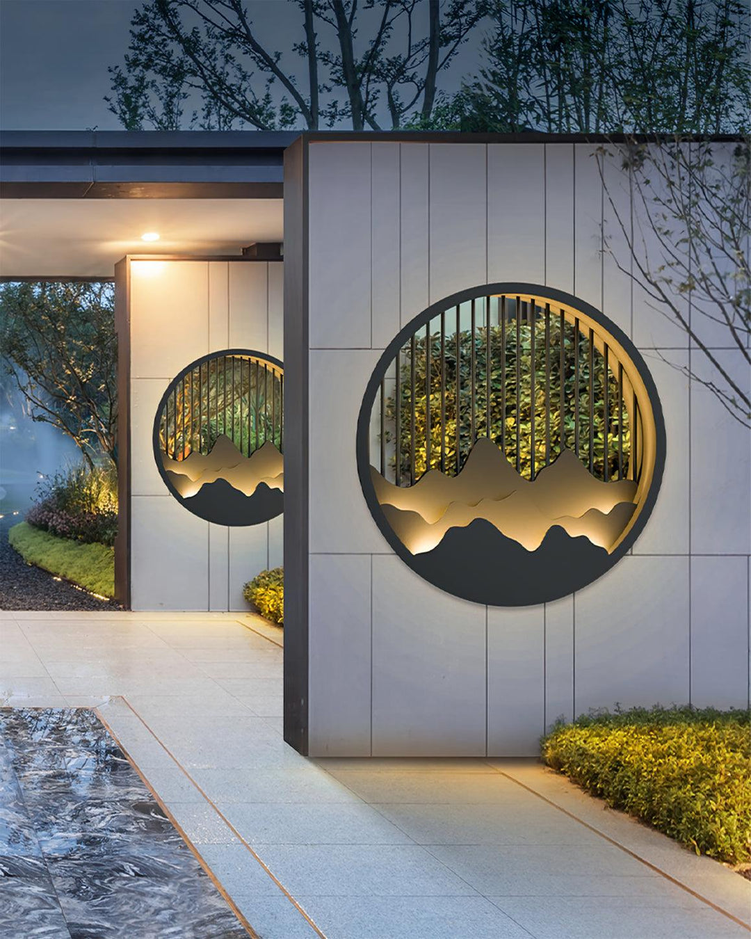 Aplique de pared LED IP65 resistente, con silueta de montaña para exterior e interior.