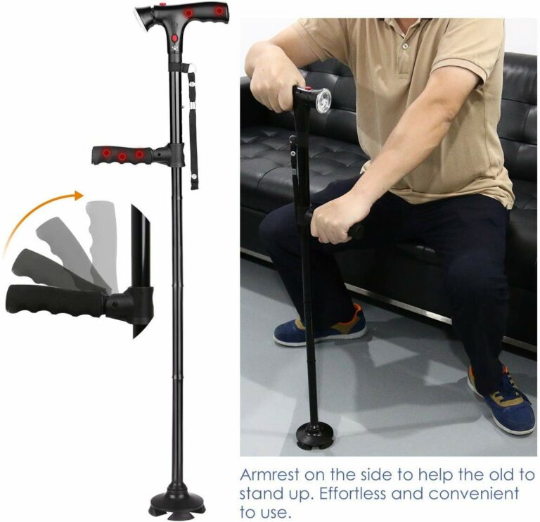Bastón de apoyo plegable con empuñadura ergonómica, luz LED potente y botón de alerta sonora de emergencia.