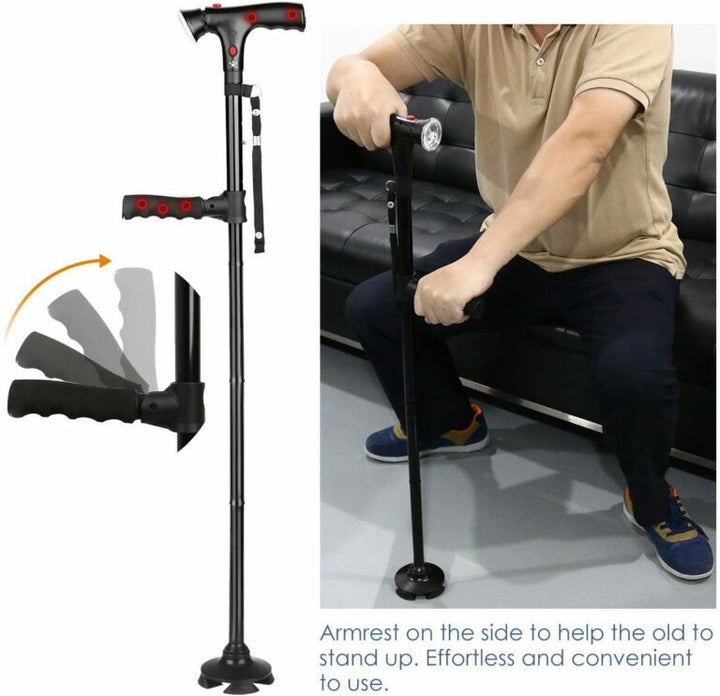 Bastón de apoyo plegable con empuñadura ergonómica, luz LED potente y botón de alerta sonora de emergencia.