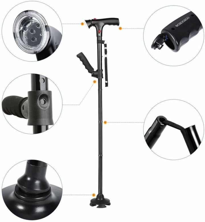 Bastón de movilidad compacto y plegable, ideal para viajes, con luz LED nocturna y alerta SOS.