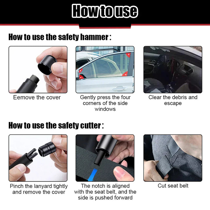 Herramienta de seguridad vial: martillo rompeventanas y cortacinturones. Accesorios de coche indispensables para emergencia.