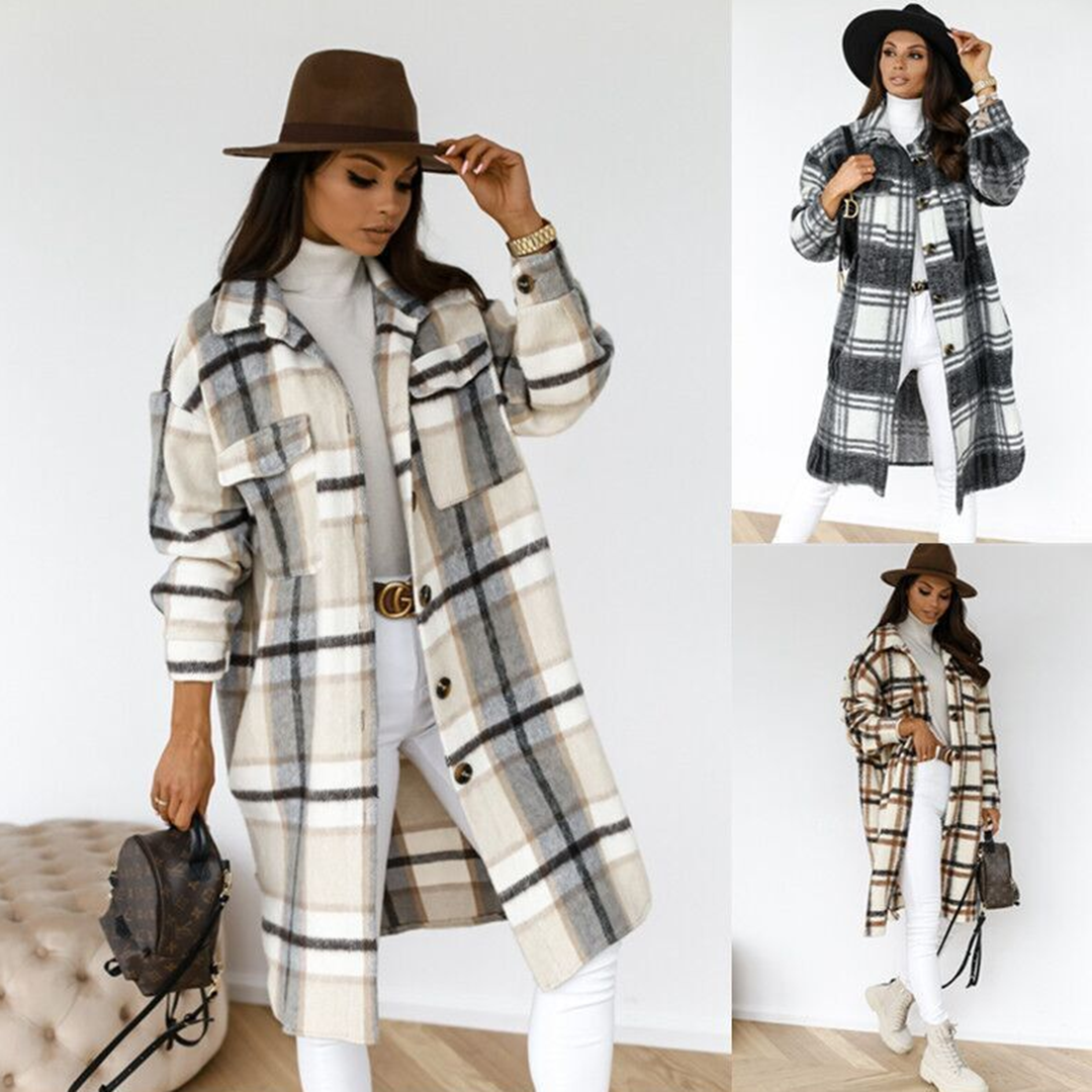 Abrigo largo de cuadros para mujer, estilo elegante atemporal perfecto para invierno.