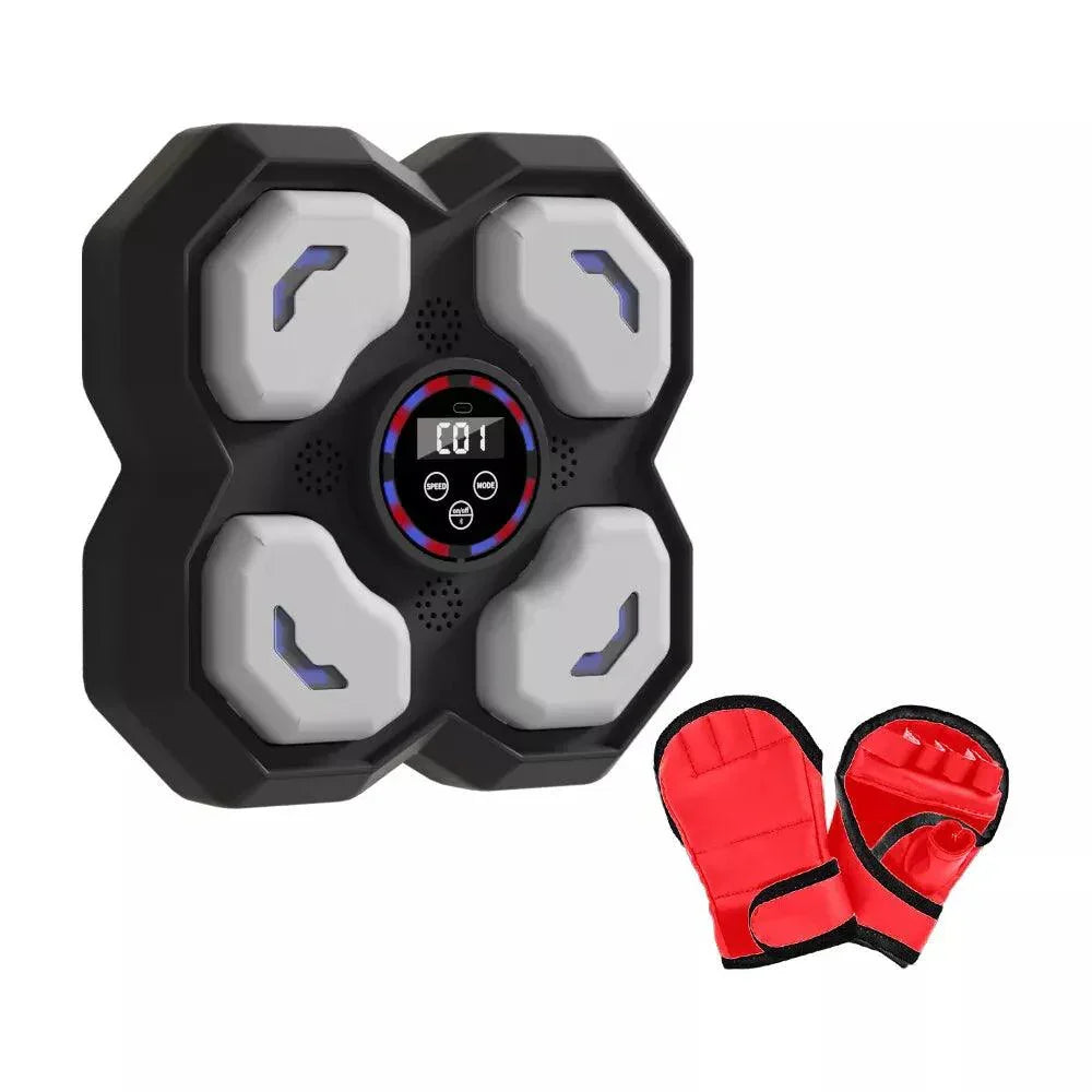 Vista detallada de máquina de boxeo musical con paneles y luces LED, ideal para fitness en casa.