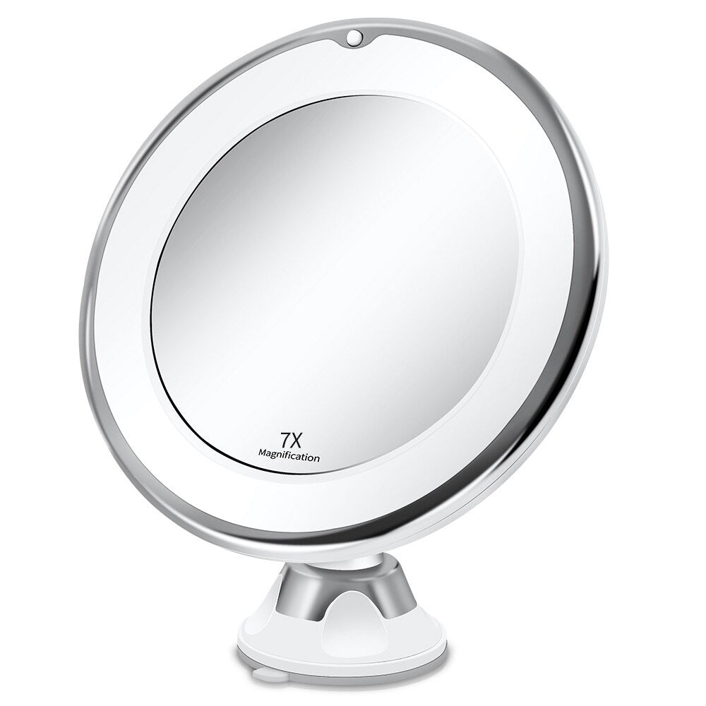 Espejo de maquillaje LED con aumento 10X, ideal para aplicar cosméticos con precisión profesional y detalle.