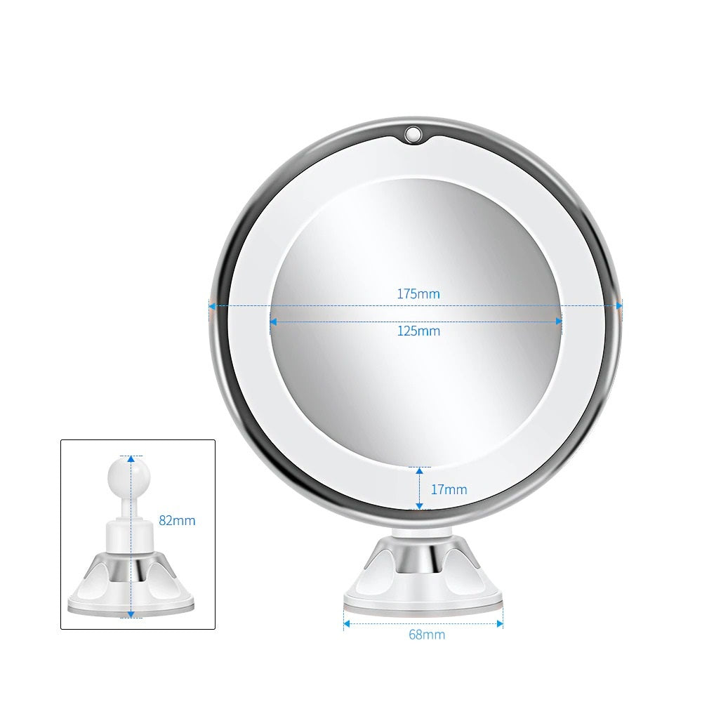 Espejo de maquillaje profesional LED con aumento 10X, esencial para aplicar cosméticos con iluminación óptima.