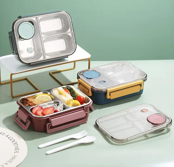 Contenedor de comida portátil de acero inoxidable que mantiene caliente tu almuerzo, perfecto para viajes.