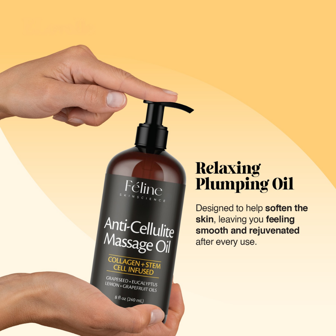 Textura suave de aceite masaje anticelulítico para piel firme. Hidratante, mejora elasticidad y reduce celulitis.